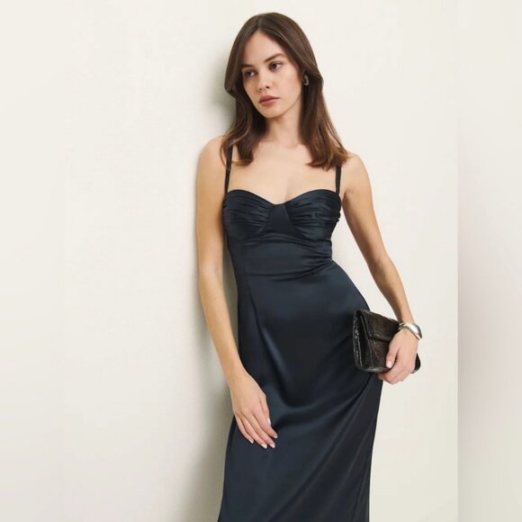 Reformation Stormi Satin Dress- Navy Blue - Picture 3 of 5